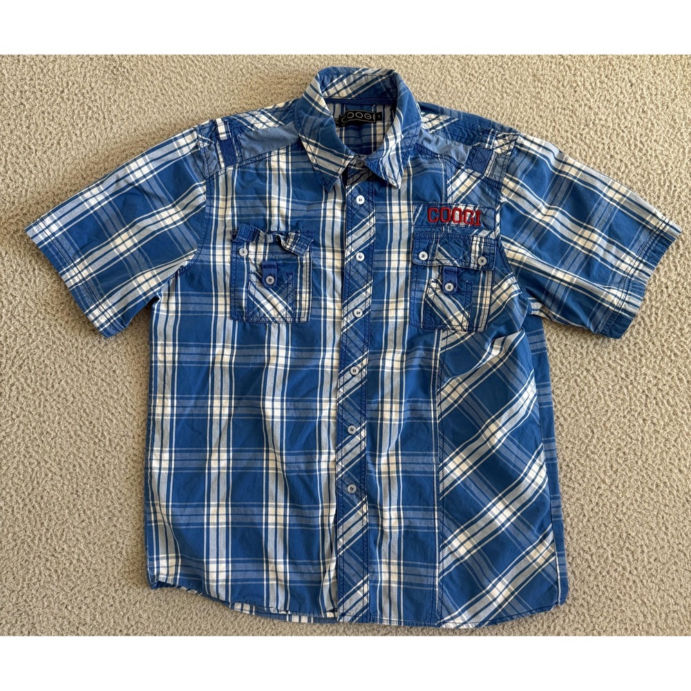 Coogi Shirt Mens Large Blue White Plaid Short Sleeve Western Button Up Cotton